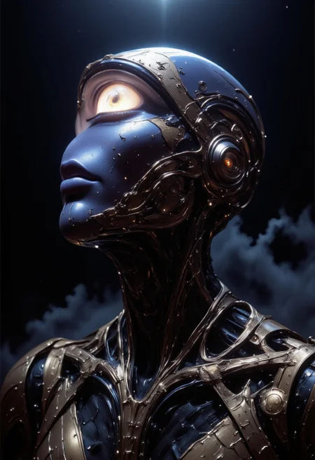 impressionist classical-style painting of a highly detailed, fantasy scene with a dramatic, robotic aesthetic. The central figure is a female robot. Her head and body are made of shiny and smooth metal with multi-colored, exposed wiring going down her neck creating an organic mosaic pattern. She is a biomechanical robot with Chrome Skinned and there are wires jacked into her face. Her cyclops eye is an intense silver color with light silver eyeshadow, and her lips are a rich, deep silver color. There is a missing panel on her cheek. A spot light focuses on her from above. She is bald and is blending in with the dark, smoky, nighttime background. She is facing you and looking up into the sky intensely. The overall impression is one of dramatic beauty, with an almost otherworldly quality.  (((ultra-realistic style))), realistic soft lighting, dark, eye-catching, atmospheric lighting, natural, shallow depth of field, (highlights: 0.8), high detail (dynamic, cinematic shot, film grain, bokeh, depth of field,