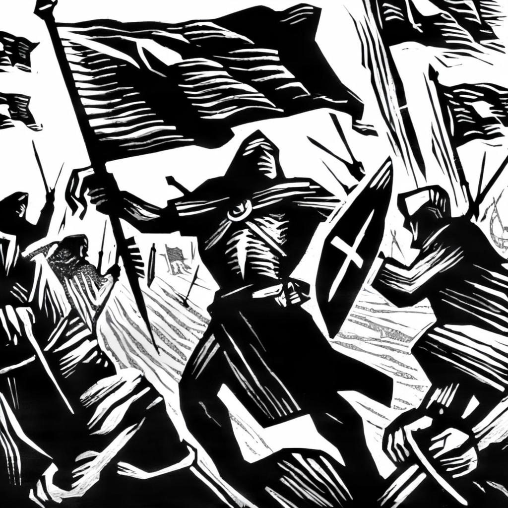 drawix7 warrior with flag on the battlefield<lora:drawix7:1>