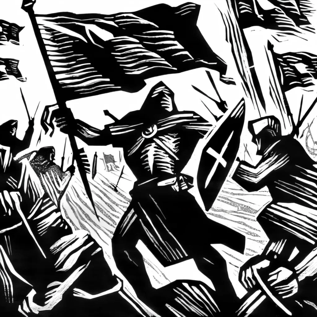 drawix7 warrior with flag on the battlefield<lora:drawix7:1>