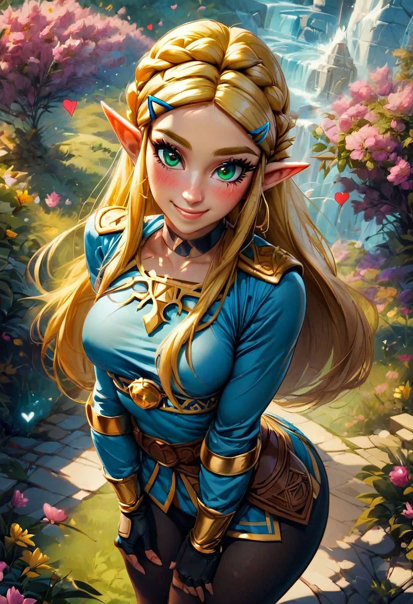 score_9, score_8_up, score_8, medium breasts, (curvy), cute, eyelashes,  princess zelda, solo, long hair, green eyes, crown braid, hairclip, pointy ears, blue shirt, long sleeves, fingerless gloves, black gloves, black pants, tight pants, smile, curvy, head tilt, hearts, blush,
