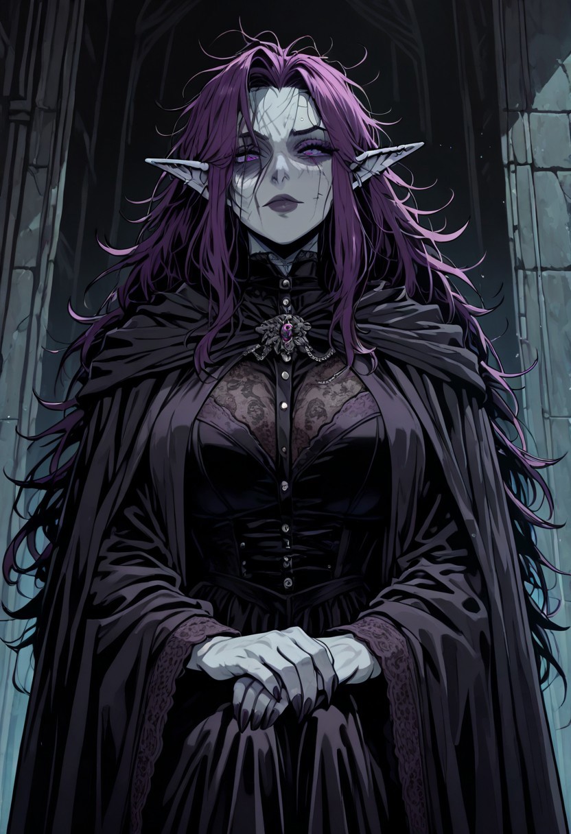 masterpiece, best quality, newest, absurdres, highres, GOTAV1.0, 
1girl, goth, gothic, goth fashion, victorian, elf, coreset, messy hair, scar, scars, scar on face, robe, medival, medival clothing, mature, mature female,
Purple hair, Purple eyes, grey skin, colored skin, grey colored skin,