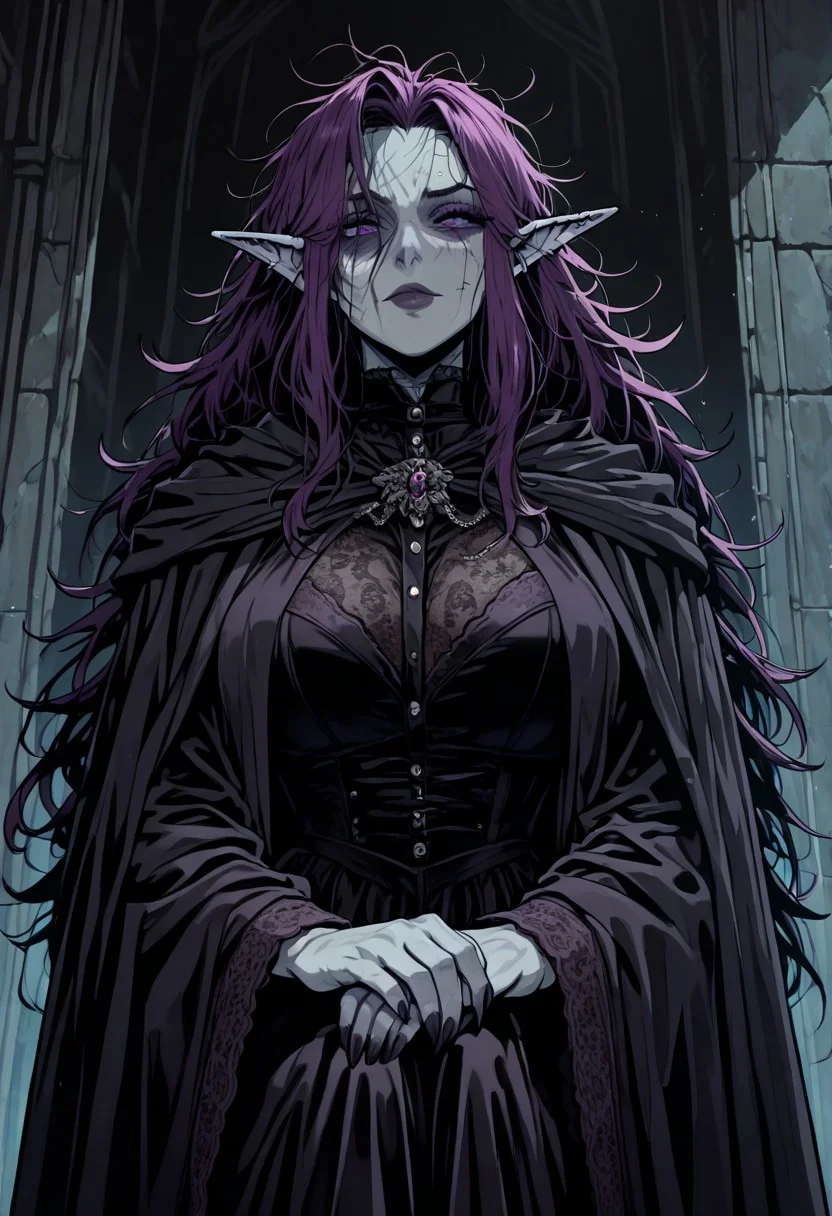 masterpiece, best quality, newest, absurdres, highres, GOTAV1.0, 
1girl, goth, gothic, goth fashion, victorian, elf, coreset, messy hair, scar, scars, scar on face, robe, medival, medival clothing, mature, mature female,
Purple hair, Purple eyes, grey skin, colored skin, grey colored skin,