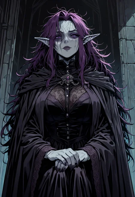 masterpiece, best quality, newest, absurdres, highres, GOTAV1.0,
1girl, goth, gothic, goth fashion, victorian, elf, coreset, messy hair, scar, scars, scar on face, robe, medival, medival clothing, mature, mature female,
Purple hair, Purple eyes, grey skin, colored skin, grey colored skin,
