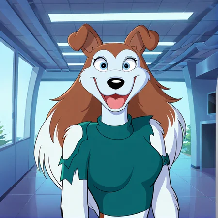 <lora:colleenillustrious:1>, (masterpiece), (best quality), (ultra-detailed), amazing quality, very aesthetic, illustration, perfect composition, intricate details, absurdres, incredibly absurdres, 1girl, solo, breasts, looking at viewer, smile, open mouth, brown hair, shirt, animal ears, upper body, indoors, crop top, torn clothes, dog ears, green shirt, body fur, white fur, animal nose, snout, dog girl, colleen, blue eyes, two-tone hair, two-tone fur, furry, furry female, dog, long hair