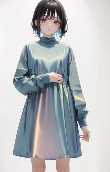 (((masterpiece))), (((best quality))), ((ultradetailed)),1girl,solo,short streaked hair,holographic clothing,dress,puffy long sleeves,(simple background:1.2),black background,looking at viewer<lora:holov7:0.7> <lora:LoconLoraOffsetNoise_locon0501:1.5>