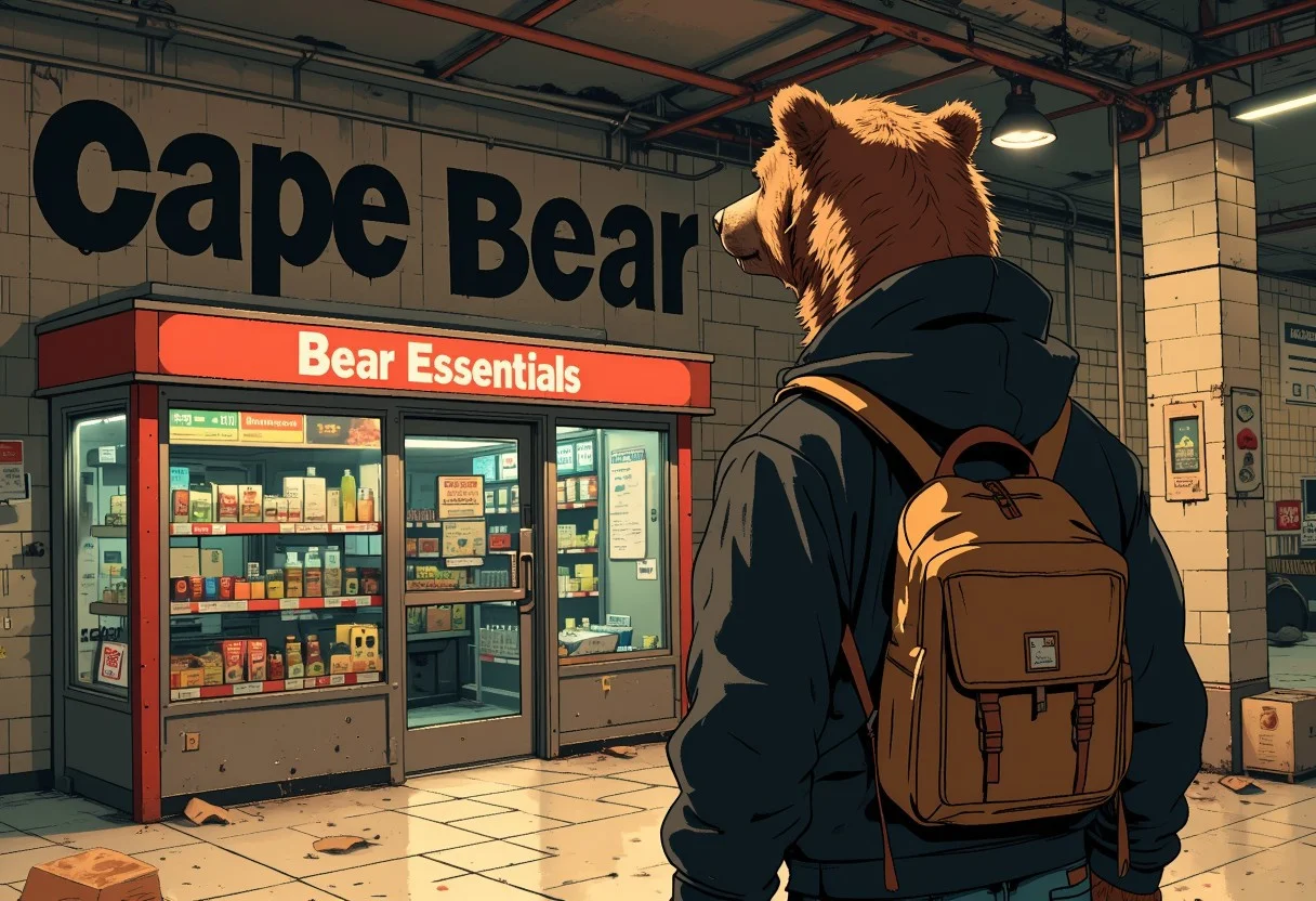 Anime style oil painting of an anthro bear urban explorer wearing a black hoodie and carrying a backpack. The bear is exploring abandoned Cape Bear subway station, he's looking at an abandoned convenience store called "Bear Essentials". The name of the station, "Cape Bear", is written on the wall in large letters. The glass door of the convenience store is broken.