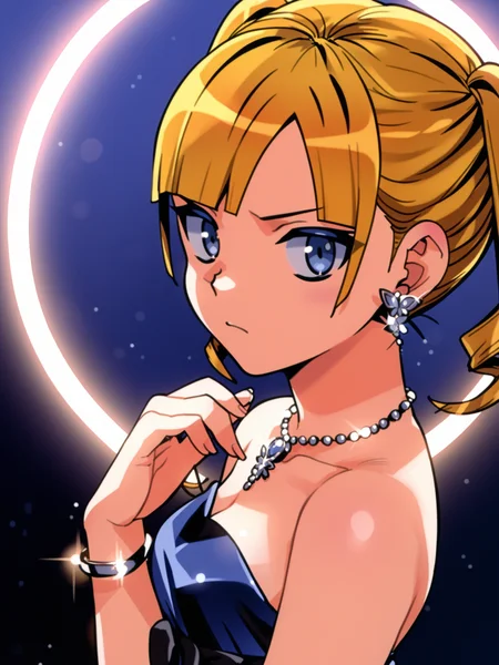 <lora:happy_tentacle-rina-v0.3-000034:1>, ht_rina, evening gown, blue dress, strapless dress, twin drills, jewelry, earrings, necklace, bracelet, ballroom , 1girl, solo, upper body , , (confused :1.1), , looking at viewer , standing , from side , score_9, score_8_up, score_7_up, score_6_up, score_5_up, score_4_up