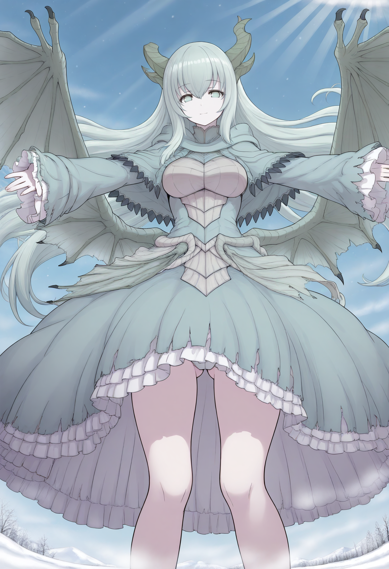 masterpiece,best quality,good quality,<lora:PAARTHURNAX_IL:1>, PAARTHURNAX, dragon horns, broken horn, dragon girl, dragon wings, very long hair, green hair, hair between eyes, green eyes, breasts, 
capelet, dress, sleeves past wrists, 
looking at viewer, light smile, flying, outstretched arms, floating hair, jumping, from below, upskirt, ass visible through thighs, dutch angle, legs apart, 
BREAK day, snow, sky, blue sky, sunlight, light rays,