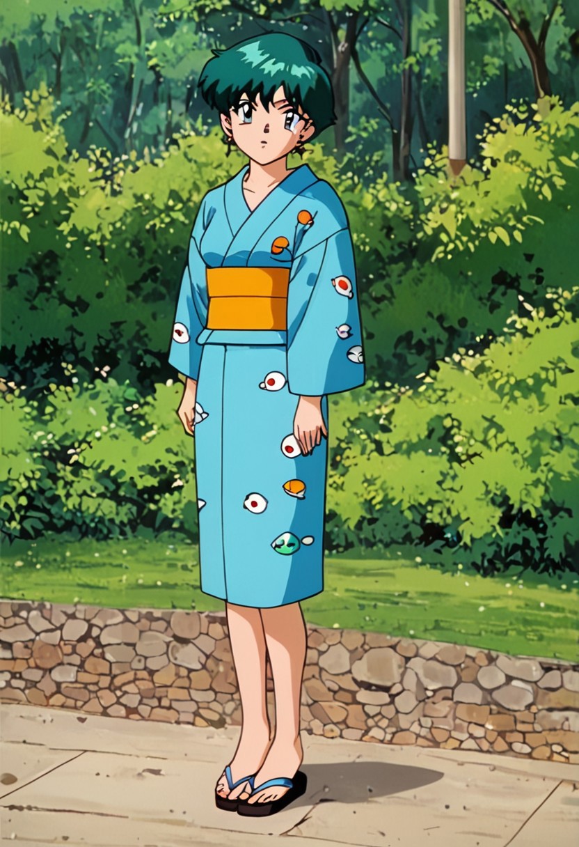 retro artstyle, source_anime, official style, PonyXLV6_Scores, masterpiece, ultra detailed, best quality, beautiful face, perfect anatomy, anatomically correct, detailed eyes, <lora:xl_more_art-full_v1:0.7>, <lora:Detailed_anime_style:0.4>, <lora:LCM&TurboMix:1.0>, <lora:Expressiveh:0.5>, Expressiveh, 5 fingers, perfect hands, perfect feet, BREAK 1girl, full_body, DollMew, 1990s (style), 1girl, solo, green hair, short hair, green eyes, slim sexy body, medium breasts, standing, confused, head tilt, looking at viewer, frown, (OutfitYukata, blue yukata, long sleeves, orange sash, sandals, stud earrings, ), cowboy shot, BREAK (park, bushes, grass, no men, 1girl, solo,),