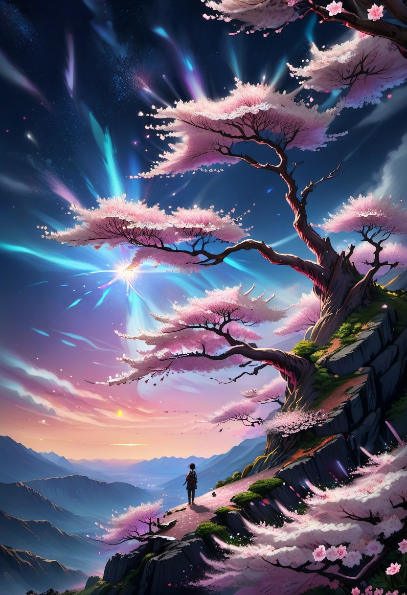 score_9, score_8_up, score_8, full color painting of lone sakura tree, over mountain edge, on the top of mountain, pink blossom, petals on the wind, far view, night time, stars in the sky,  landscape, dramatic lights,  sparkles around, insane details, intricate details, hyperdetailed, soft cinematic light, dim colors, exposure blend, hdr, faded