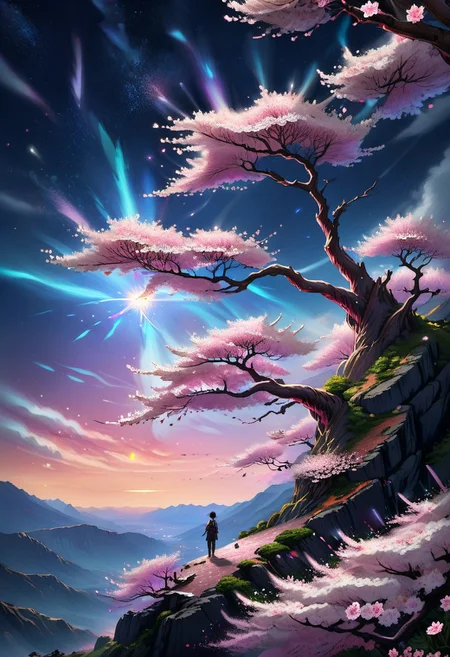 score_9, score_8_up, score_8, full color painting of lone sakura tree, over mountain edge, on the top of mountain, pink blossom, petals on the wind, far view, night time, stars in the sky,  landscape, dramatic lights,  sparkles around, insane details, intricate details, hyperdetailed, soft cinematic light, dim colors, exposure blend, hdr, faded