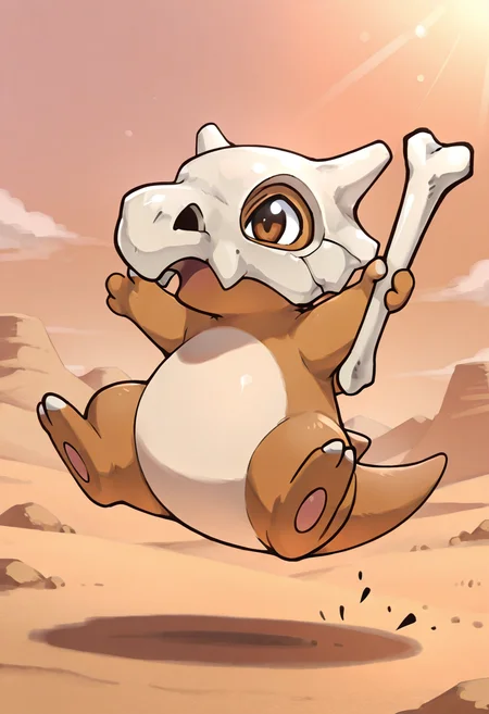 masterpiece, best quality, no humans, ,<lora:CubonePokedex_IXL:1.0>, zzCubone, chibi, happy expression, jumping, playing with bone club, desert background, soft shading, bright sky, warm sunlight, cute pose, small paws, big eyes, charming atmosphere