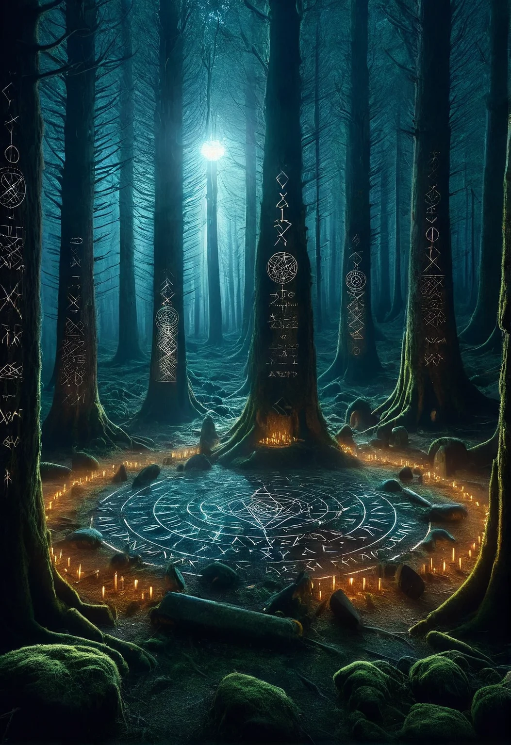 ais-rcn, a mysterious ritual circle deep within a forgotten forest, encircled by towering ancient trees, with runes glowing faintly on the ground as shadows move just beyond the light's reach <lora:ais-rcn-sdxl:1>, cinematic