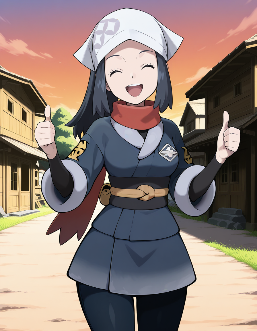 Akari (POKEMON LEGENDS),black hair,black eyes,galaxy expedition team survey corps uniform,head scarf,red scarf,black pantyhose,(both hands thumbs up:1.2), (closed eyes:1.2),  (((open mouth))),(at dusk:1.1), ((village)),outdoors,sky,(blush:-1),
looking at viewer,
medium breasts,
perky breasts,explicit,best quality,very aesthetic,absurdres,16k,intricate detail,amazing quality,(bold:3.12),thick outline,black outline,harsh lines,soft lines,deluster,boldline,curvy,slim,
smile,
(anime screencap),(anime coloring:1.2),anime screenshot, animated painting, animated gif,2d cel anime,anime cap,anime,anime style,anime cel,Cel shading,cel shaded,soft brightness,perfect face,perfect nose, perfect hair, perfect eyes,perfect female body,perfect skin,a face of perfect proportion,perfect lighting,perfect anatomy,perfect proportion,perfect hands,perfect legs,perfect fingers,masterpiece,super fine illustration,detailed linework,vibrant colors,kawaii,flat color,
 <lora:ãã±ããã¢ã³ã¹ã¿ã¼ã·ã§ã¦illustriousPokemonAkariillustrious-000017:1:0.8>