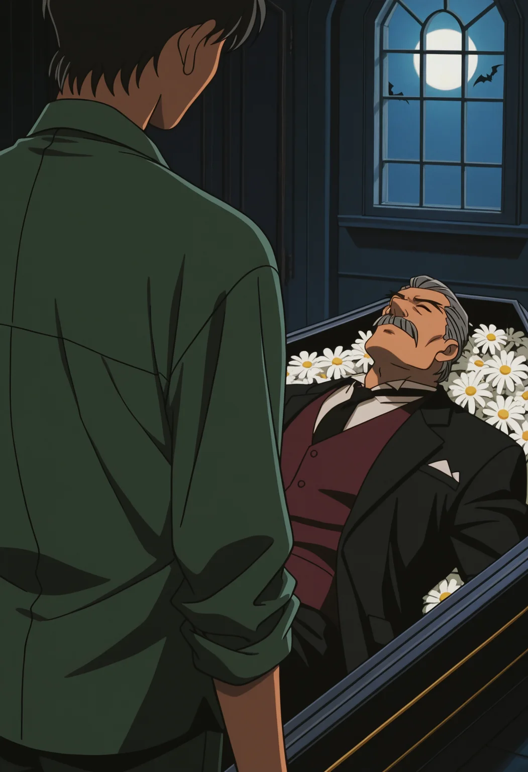 {s:2boys}, lazypos, retro artstyle, 2000s \(style\), anime screenshot, indoors, night,
{s}, (close-up:1.75), looking down, looking at another, young man, skinny, green shirt, door, from behind, standing, from side,
{s}, close-up, dc02moran, old man, grey hair, hair slicked back, thick mustache, forked eyebrows, black suit, maroon vest, white shirt, black necktie, (coffin:1.5), lying, vampire, on back, closed eyes, window, moonlight, <lora:Colonel_Moran_from_Detective_Conan_The_Phantom_of_Baker_Street_v1.0_1788262:1> pectorals, white flower, tusks, fangs,