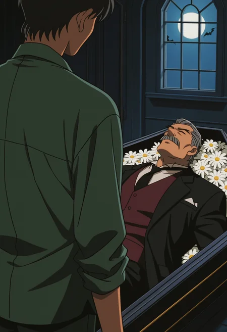 {s:2boys}, lazypos, retro artstyle, 2000s \(style\), anime screenshot, indoors, night,
{s}, (close-up:1.75), looking down, looking at another, young man, skinny, green shirt, door, from behind, standing, from side,
{s}, close-up, dc02moran, old man, grey hair, hair slicked back, thick mustache, forked eyebrows, black suit, maroon vest, white shirt, black necktie, (coffin:1.5), lying, vampire, on back, closed eyes, window, moonlight, <lora:Colonel_Moran_from_Detective_Conan_The_Phantom_of_Baker_Street_v1.0_1788262:1> pectorals, white flower, tusks, fangs,