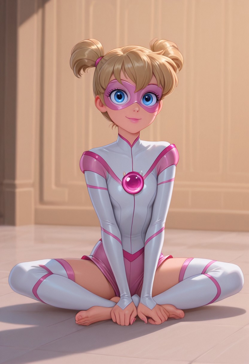 disney animation,
masterpiece, best quality, hyper-realistic, ultra-HD, luminous lighting, cinematic ambiance, shimmering gradients, ethereal glow, deep contrast, rich color tones, seductive atmosphere, captivating sensuality, Cinematic Lighting, beautiful girl, beautiful face, perfect face
Pigella, blonde hair, blue eyes, twintails, short twintails, bangs, pink lipstick, eyelashes, superhero, mask, domino mask, perfect eyes, beautiful eyes, detailed eyes, adorable eyes
<lora:Disney_Animation_v5-V7:1>
sitting on floor, white leotard, barefoot, pink minishorts, stretching, split,  white ballet leg warmers, toes),
BREAK
dance_studio background, 
rich_details, view_front, from_front, looking at viewer,