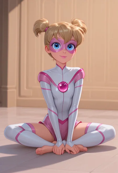 disney animation,
masterpiece, best quality, hyper-realistic, ultra-HD, luminous lighting, cinematic ambiance, shimmering gradients, ethereal glow, deep contrast, rich color tones, seductive atmosphere, captivating sensuality, Cinematic Lighting, beautiful girl, beautiful face, perfect face
Pigella, blonde hair, blue eyes, twintails, short twintails, bangs, pink lipstick, eyelashes, superhero, mask, domino mask, perfect eyes, beautiful eyes, detailed eyes, adorable eyes
<lora:Disney_Animation_v5-V7:1>
sitting on floor, white leotard, barefoot, pink minishorts, stretching, split,  white ballet leg warmers, toes),
BREAK
dance_studio background, 
rich_details, view_front, from_front, looking at viewer,