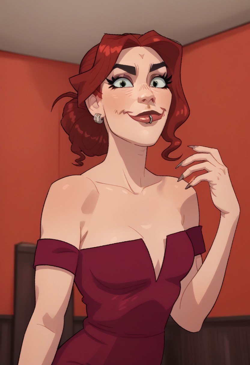 score_9, score_8_up, score_7_up, score_6_up, 1girl, solo, flirty expression, tc_val, lip piercing, ear piercing, red dress, posing for viewer,