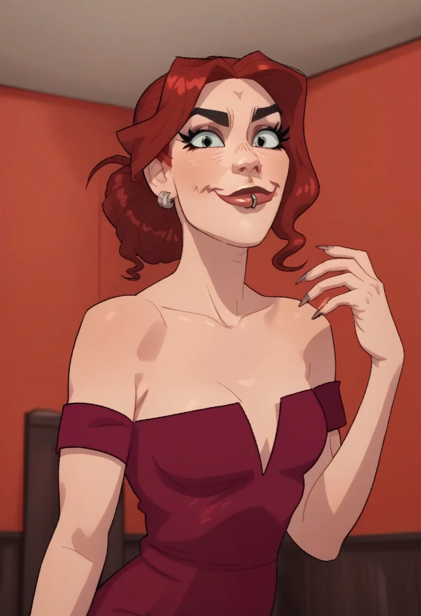 score_9, score_8_up, score_7_up, score_6_up, 1girl, solo, flirty expression, tc_val, lip piercing, ear piercing, red dress, posing for viewer,