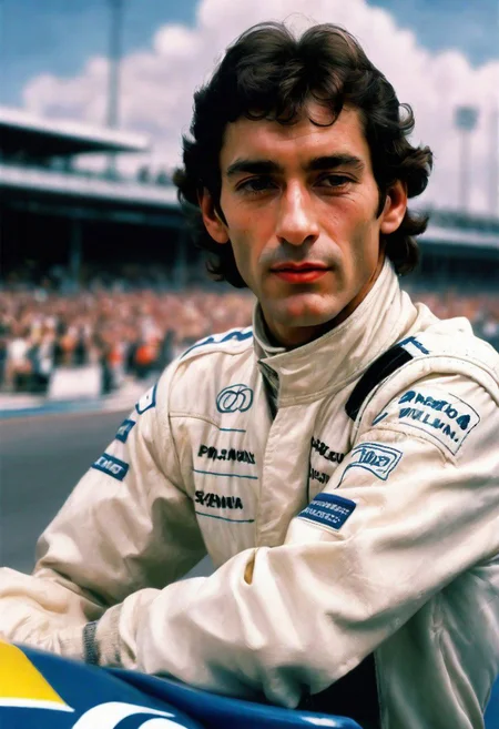 create a realistic, high quality portrait image of 1980s, Ayrton Senna, head and shoulders, Grand Prix,racing driver, racetrack,outdoors,sky blue,day, facing viewer cloud, blue sky,_p_style, car Williams formula 1,barriers, <lora:VintagePPXL:1>, (masterpiece, best quality, ultra-detailed, best shadow), high contrast, (best illumination), ((cinematic light)), colourful, hyper detail, dramatic light, intricate details, ultra detailed artistic photography, lit from front ultra high definition, 8k, ultra sharp focus, ultra high quality, soft lighting, film photography, analogue photography, hyperrealism, no racing cars
