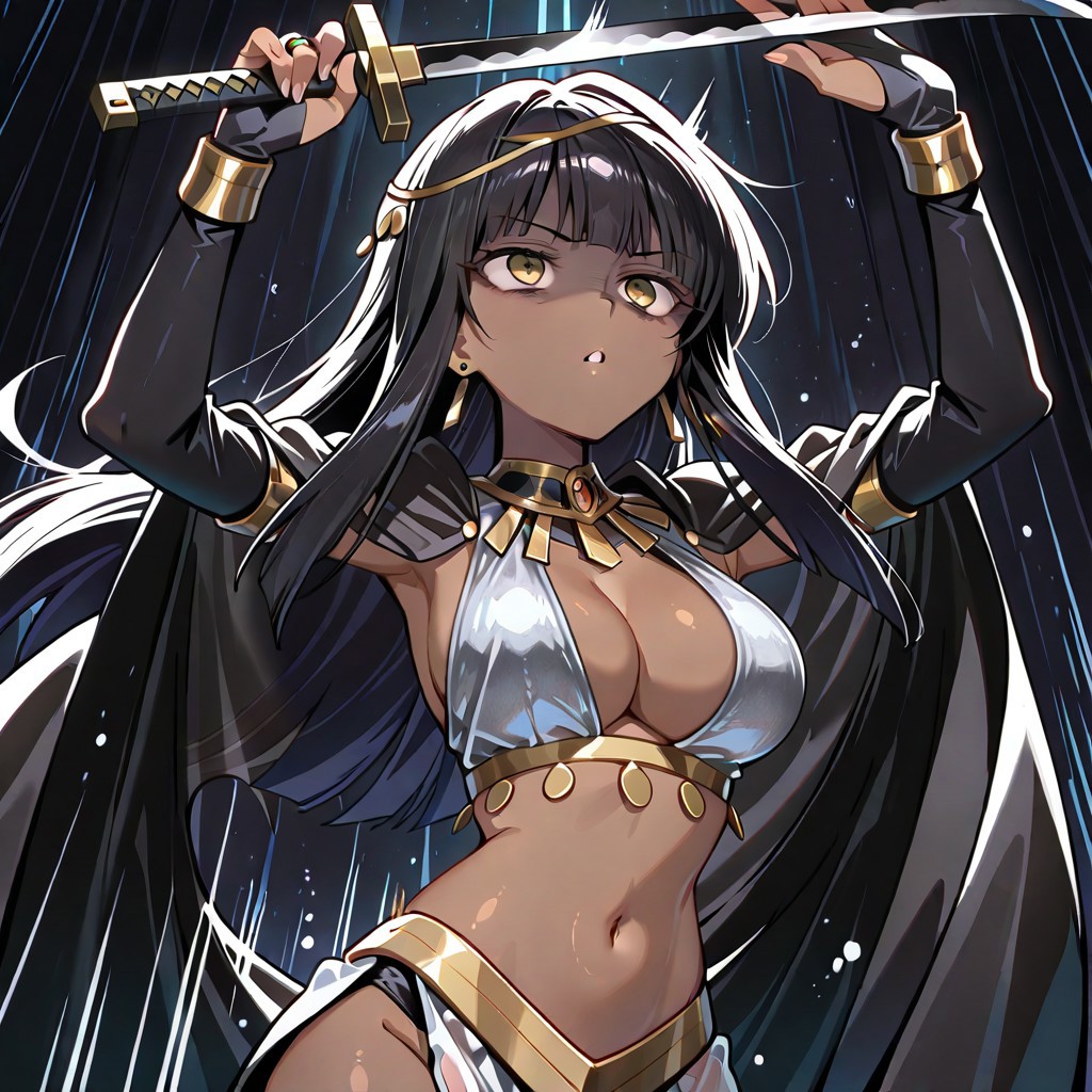 lazypos, 8k, best quality, masterpiece, cinematic lighting, dark moody background with black ink splashes, cel-shaded, highly detailed, expressive eyes, anime character portrait, dynamic composition, NEFEDANCERIL7, 1girl, breasts, dark-skinned female, long hair, bangs, yellow eyes, navel, black hair, jewelry, bridal gauntlets, gold hair ornament, earrings, silver black outfit, cleavage, breasts, see-through black cape, holding swords, dancing, sword dance, hips sway, arms raised, motion lines