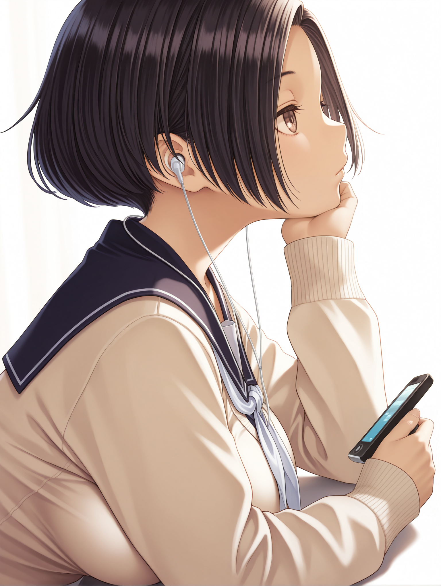 masterpiece,best quality,newest,1girl,solo,
<lora:kobayakawa_rinko_ilxl_v1:1>,k_rinko,black hair,
r_c_clothes,milky white cardigan,neckerchief,earphones,holding digital media player,
<lora:Fixhands_anime_bdsqlsz_V1:1>,profile,cheek rest,white_background,simple_background,sleeves past wrists,expressionless,looking ahead,big breasts,