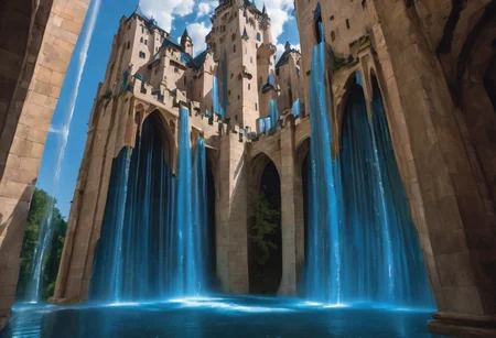 castle floating in the air, a waterfall flows from the castle to the ground, sharp faceted blue crystals decorate the castle, looking up from the ground view, see the underside of the castle