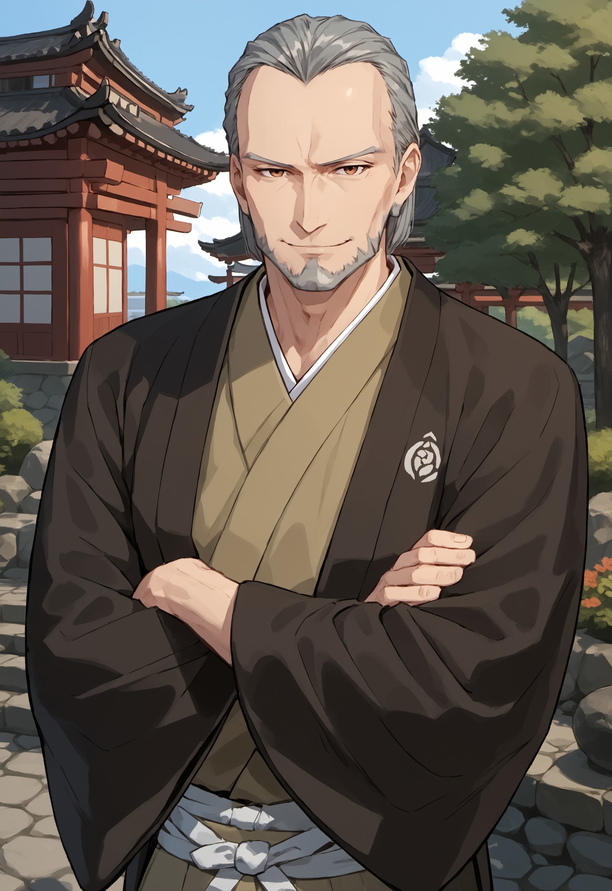 safe_pos, safe_pos, score_9, score_8_up, rating_nsfw, ultra hd, absurdres, best quality, best aesthetic, masculine, hand with five fingers, solo, 1boy, male focus, perfect proportions, erotic, mature male, Expressiveh, WolfConF,

FGOYagyu, japanese clothes, grey hair, facial hair, beard, half body, smiling, arms crossed, Japanese sakura background, beautiful Japanese garden, looking at viewer