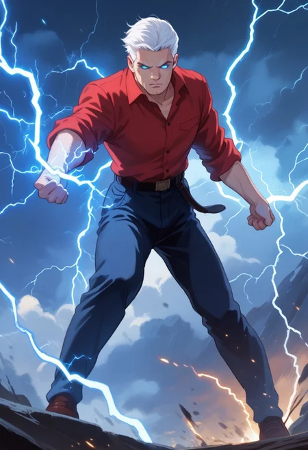 score_8, score_8_up, score_7_up, source_anime, anime screenshot,  1boy, male focus, solo, RaceBannon,  blue eyes, short hair, white hair, red shirt, sleeves rolled up, dark blue pants, belt, shoes, standing, full body, looking at viewer, Ligmagmb, electricity, lightning, glowing, glowing eyes,