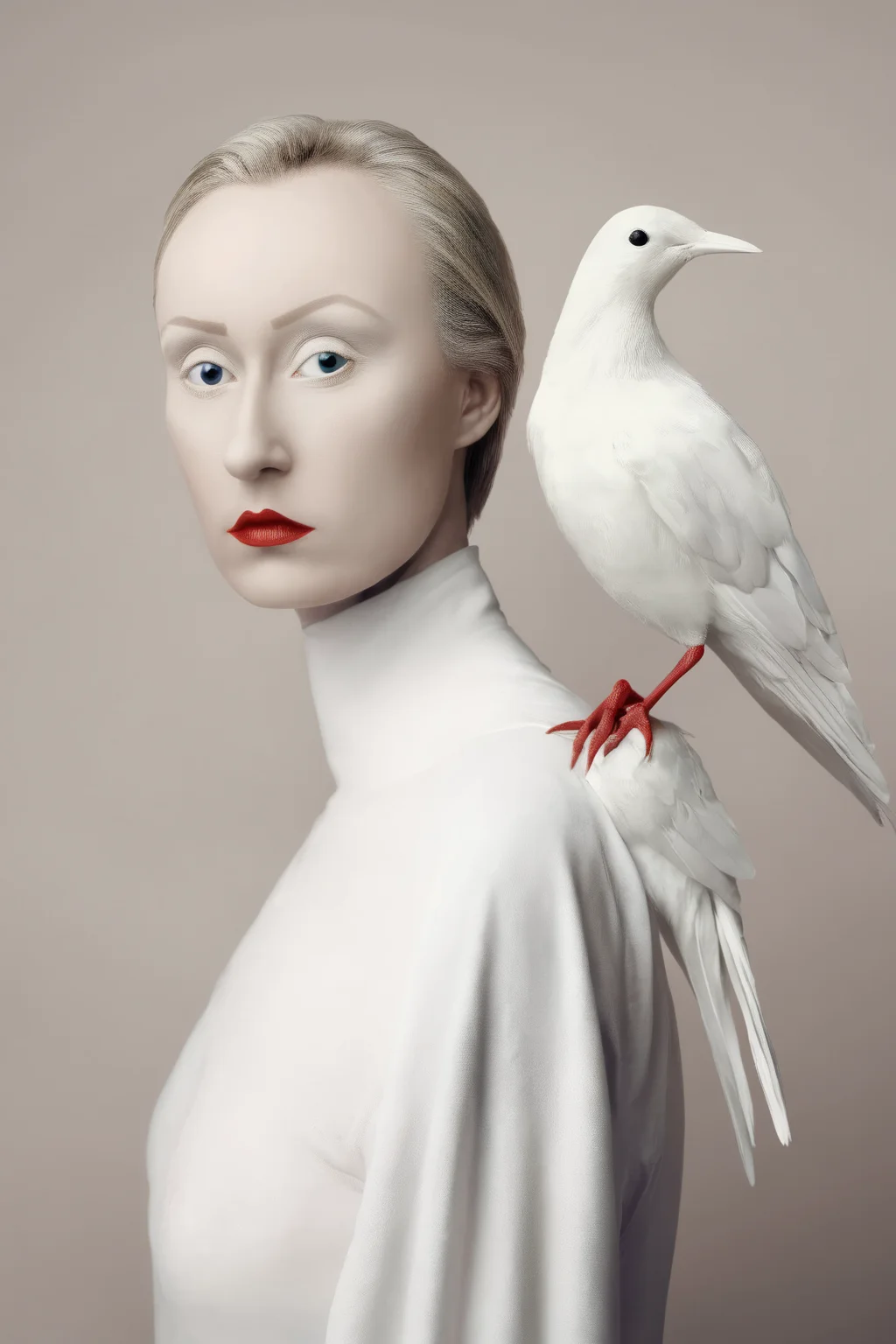 <lora:Photographer Flora Borsi Style:1>Photographer Flora Borsi Style - a woman with a white bird on her shoulder and a bird on her shoulder