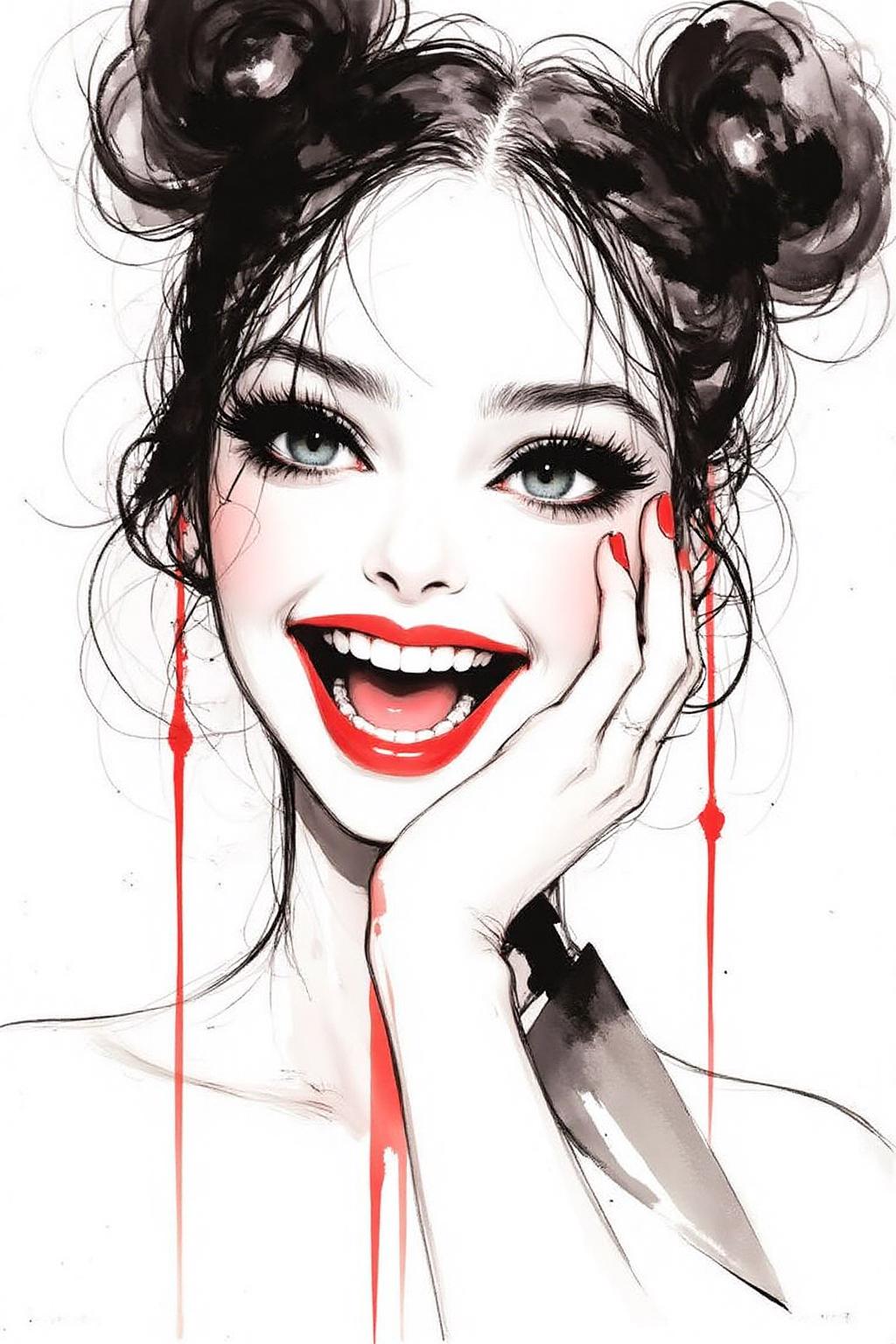 nijiwc1 watercolor ink wash brush style illustration. 
1girl, half body portrait of toga himiko, teeth, open mouth, blood on face, smile, double bun, crazy eyes, She is holding kitchen knife in her left hand,. Her right hand is on her cheek, 
The background is stark white <lora:inkwash_niji_nocap_d6a3:1.0><lora:806956181185806928:0>