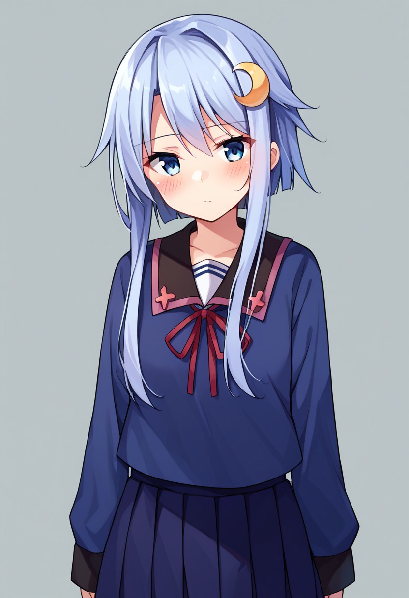 score_9, score_8, score_7, source_anime, yayoi (kancolle), 1girl, solo, crescent hair ornament, looking at viewer, blush, long sleeves, school uniform, skirt