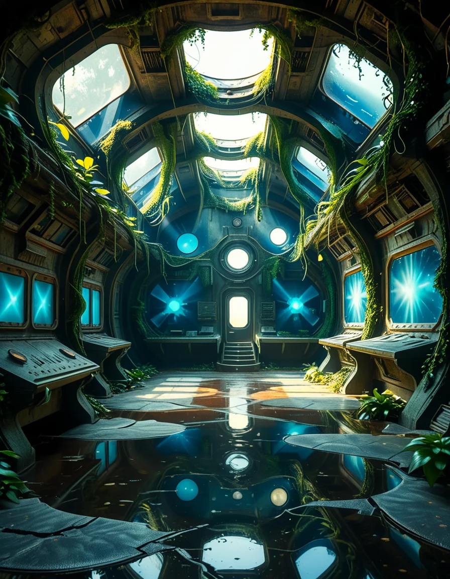 The interior of an ancient abandoned spaceship, overtaken by lush vegetation. The walls and ceiling are covered in thick, twisting vines and moss. Strange alien plants glow faintly in shades of blue and green, casting an eerie, mystical light across the metallic surfaces. Rusted control panels and shattered glass windows hint at a long-forgotten past. The floor is cracked and partially flooded with still, reflective water. Patches of bioluminescent fungi cling to the corners, adding a surreal atmosphere. The air feels heavy with moisture, and beams of soft, diffused light filter through holes in the hull, creating dramatic shafts of light and shadow. The overall style is hyper-realistic, rich in textures, with a cinematic and slightly melancholic mood.<lora:SDXLFaeTastic2400:0.4> <lora:extremely_detailed:0.4> extremely detailed,<lora:ancient_abandoned_sp4c3sh1p:1>,ancient abandoned sp4c3sh1p, Masterpiece,best quality,hi res,8k,hi res,8k,award winning,(sharp focus, intricate, highly detailed),