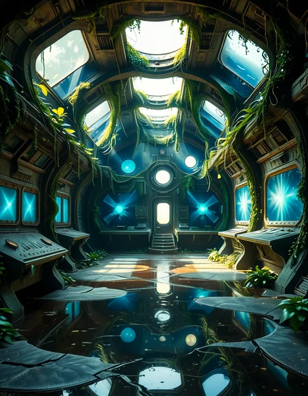 The interior of an ancient abandoned spaceship, overtaken by lush vegetation. The walls and ceiling are covered in thick, twisting vines and moss. Strange alien plants glow faintly in shades of blue and green, casting an eerie, mystical light across the metallic surfaces. Rusted control panels and shattered glass windows hint at a long-forgotten past. The floor is cracked and partially flooded with still, reflective water. Patches of bioluminescent fungi cling to the corners, adding a surreal atmosphere. The air feels heavy with moisture, and beams of soft, diffused light filter through holes in the hull, creating dramatic shafts of light and shadow. The overall style is hyper-realistic, rich in textures, with a cinematic and slightly melancholic mood.<lora:SDXLFaeTastic2400:0.4> <lora:extremely_detailed:0.4> extremely detailed,<lora:ancient_abandoned_sp4c3sh1p:1>,ancient abandoned sp4c3sh1p, Masterpiece,best quality,hi res,8k,hi res,8k,award winning,(sharp focus, intricate, highly detailed),