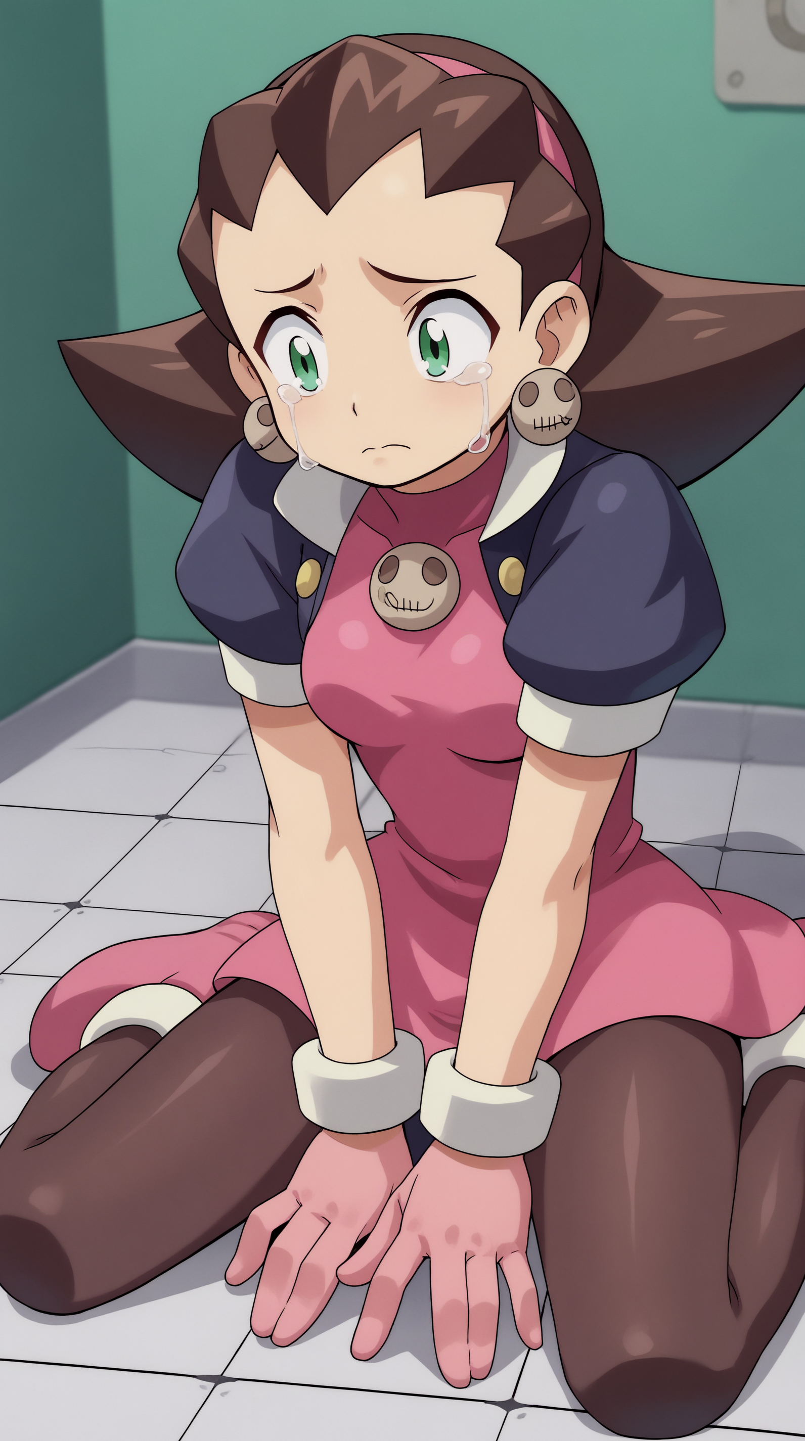 score_9, score_8_up, score_7_up,anime_source, source_anime, best background, detailed background, anime screencap, 4k, upscale,  Tron Bonne, Main Outfit, sitting, wariza, indoors, crying, sad, hands on floor,  <lora:JN_Tron_Bonne_Pony:0.8>