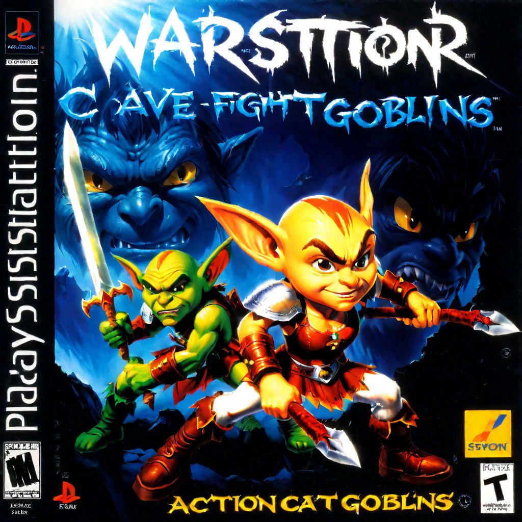 PlayStation 1 cover  warrior fighting and goblins in cave a Text title "action fight" Lateral tex "PlayStation"