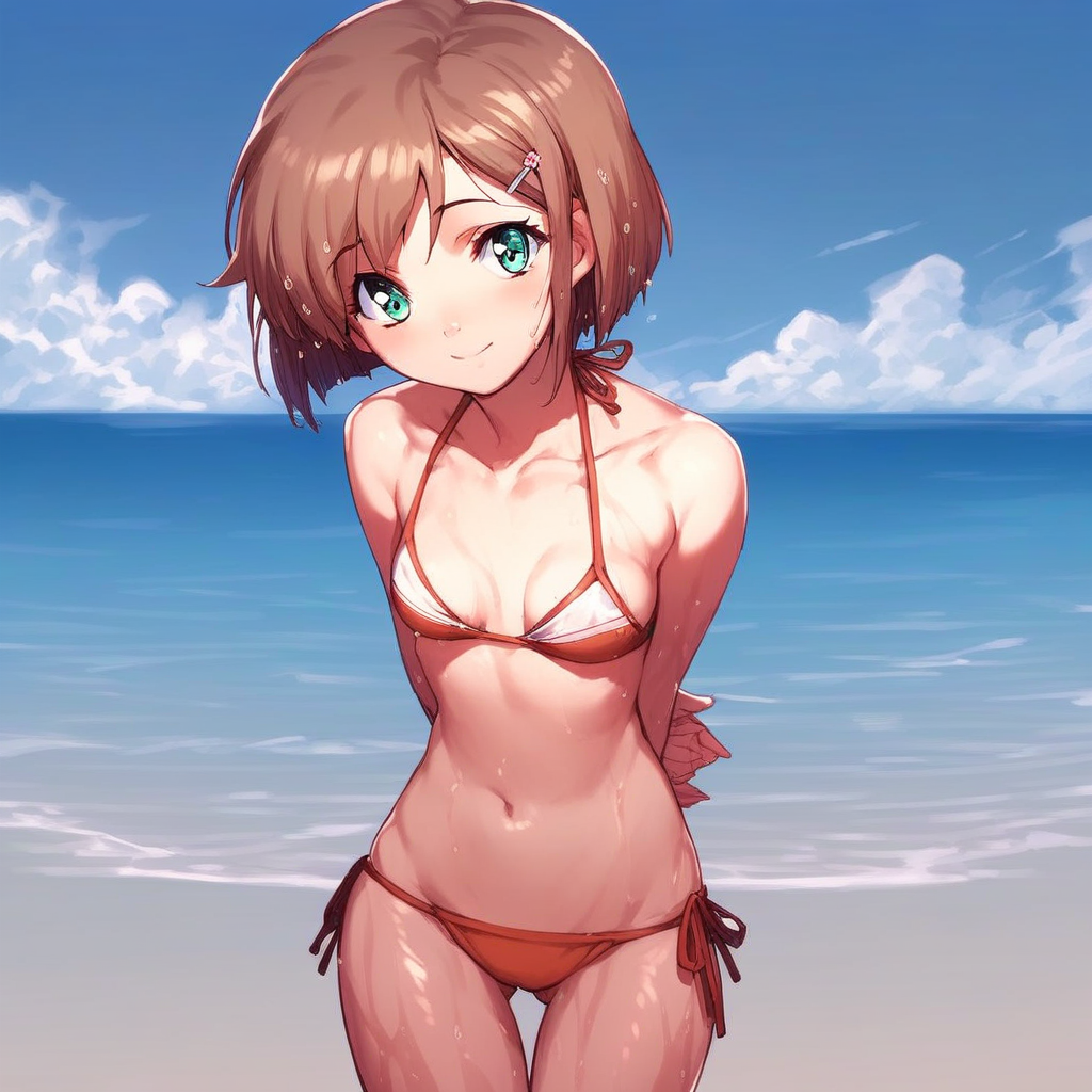 score_9, score_8_up, score_7_up, source_anime BREAK 1girl, Moemi, solo, female focus, short hair, brown hair, hairclip, green eyes, looking at viewer, blush, smile, standing, small breasts, perky breasts, navel, hands behind back, hidden hands, bikini, wet, thigh gap, gluteal fold, navel, collarbone, bare shoulders, bare arms, side-tie, outdoors, beach, sky, sea, rating_questionable