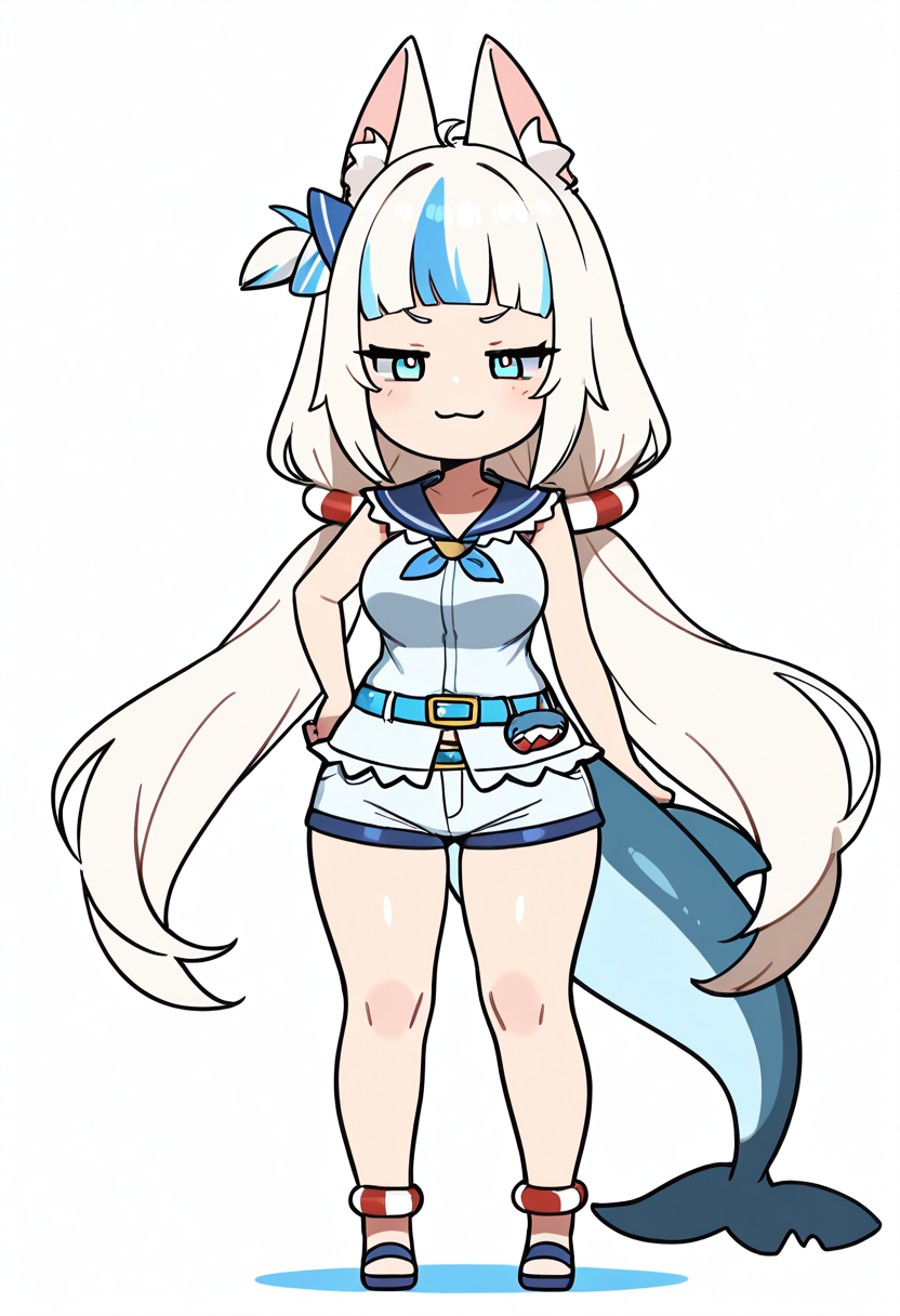 masterpiece, best quality, 1girl, solo, eyelashes, (beautiful eyes),   zzSaba, smile, closed mouth, tail, white hair, shorts, sleeveless, belt, blunt bangs, sailor collar, chibi, short shorts, :3, shark tail, large breasts, wide hips, hand on hip, smug,    <lora:SamekoSaba_IXL_v1:1.0>,