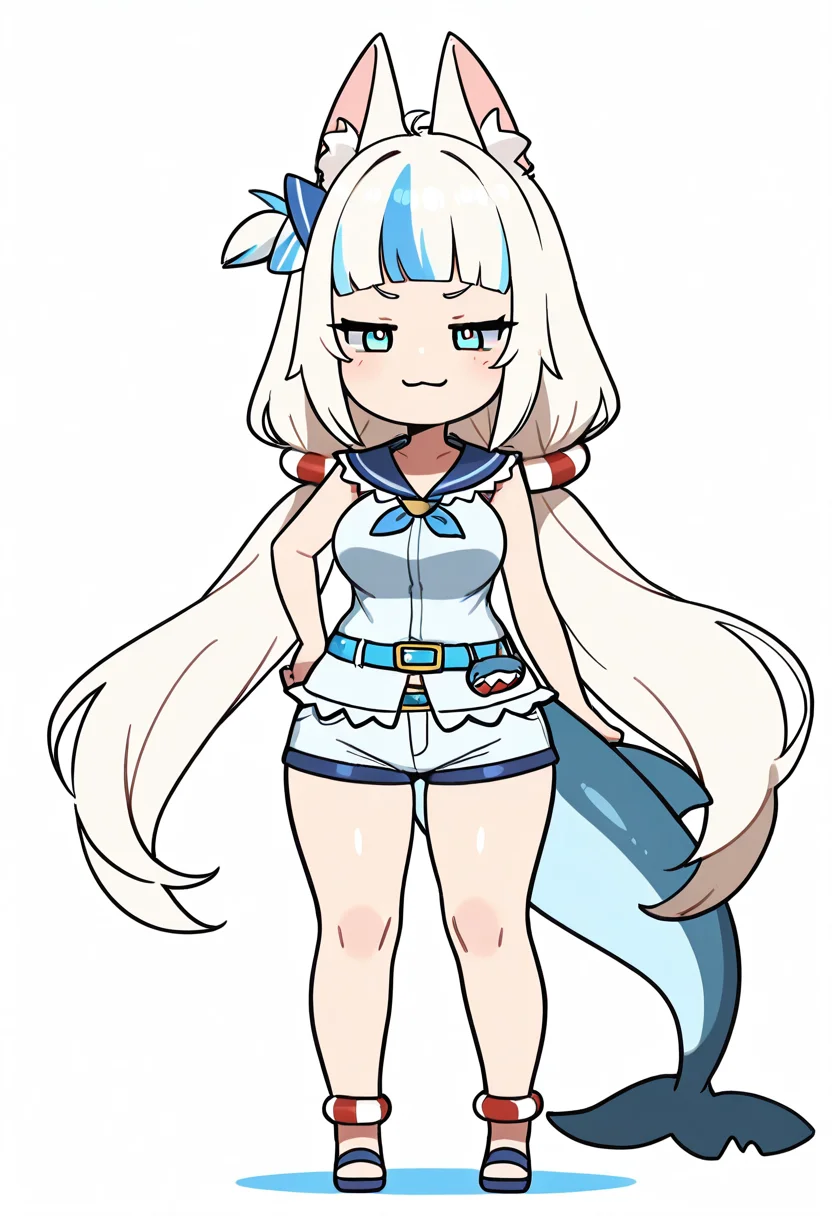 masterpiece, best quality, 1girl, solo, eyelashes, (beautiful eyes),   zzSaba, smile, closed mouth, tail, white hair, shorts, sleeveless, belt, blunt bangs, sailor collar, chibi, short shorts, :3, shark tail, large breasts, wide hips, hand on hip, smug,    <lora:SamekoSaba_IXL_v1:1.0>,