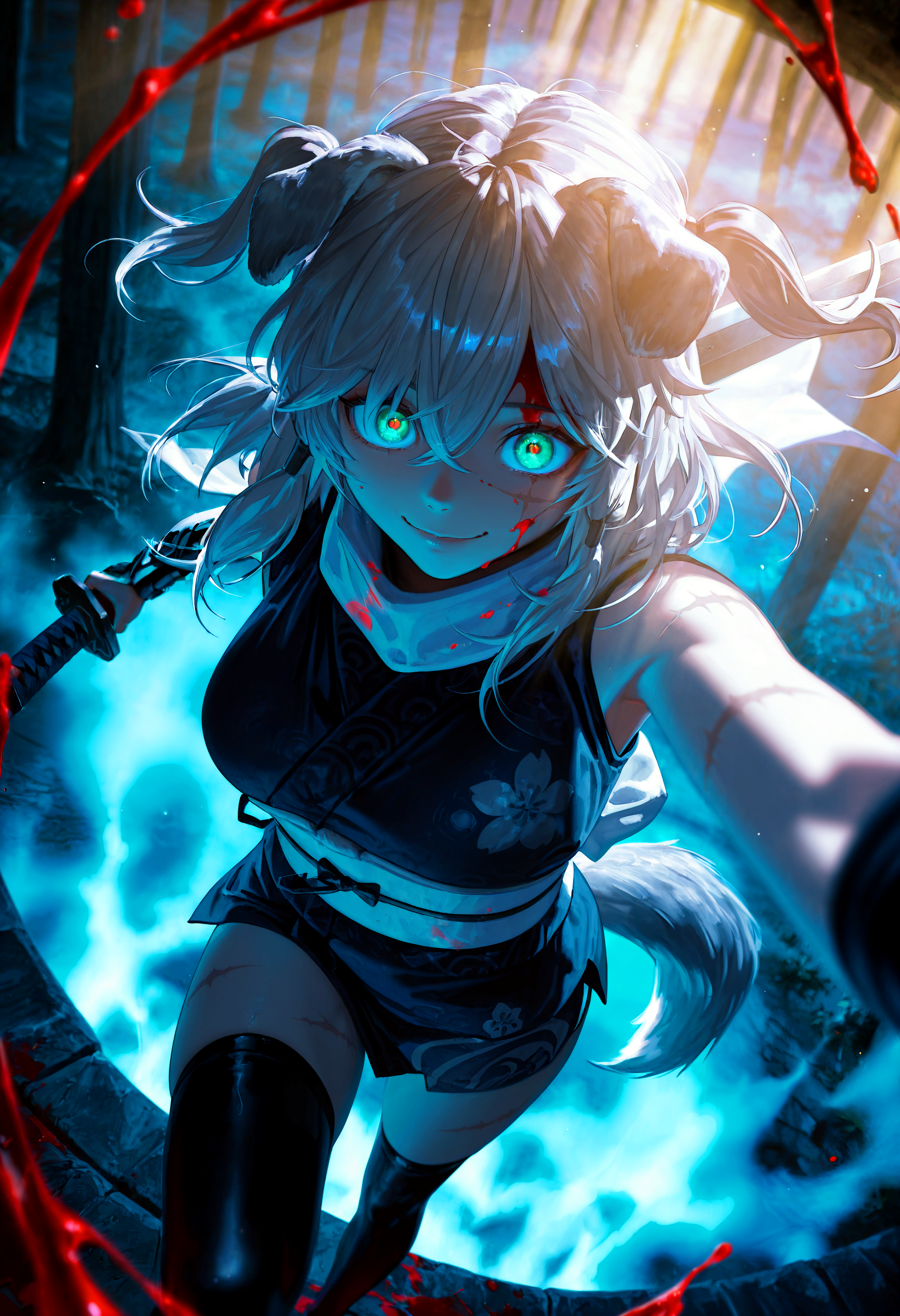 HDR, 8K, high contrast, masterpiece, best quality, amazing quality, very aesthetic, superabsurd res, high resolution, ultra-detailed, absurdres, newest, scenery, (horikoshi kouhei:0.3), (quasarcake:0.3), (wlop:0.3), light rays, dynamic angle, from above, dutch angle, fisheye, close up, gw_karyn, 1girl, animal ears, dog ears, multicolored eyes, blue eyes, green eyes, grey hair, messy hair, bangs, hair between eyes, two side up, dog tail, scar, large breasts, japanese clothes, kimono, sleeveless, obi, white sash, black thighhighs, smile, crazy eyes, blood on face, holding weapon, buster sword, (colorful), (((blood splatter))), fog, night, dark, dimly lit, dust, glowing, backlighting, partially illuminated, Intricately designed, Mysterious Shadows, BREAK, photorealistic, beautiful detailed eyes, detailed skin, detailed hair, volumetric lighting, dappled light, light particles, dramatic shadows, cinematic lighting, photo background, depth of field, <lora:ponyxl\cfg_scale_boost:0.8> <lora:IL\KMS_GW_Karyn_IL-000009:1>