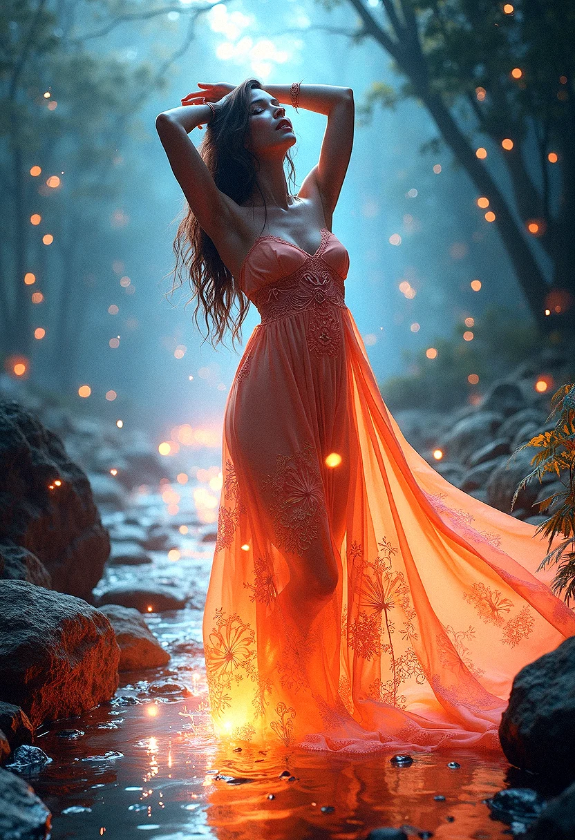 A whimsical fantasy scene featuring a slightly tanned beautiful brazillian woman in a flowing, radiant satin dress with intricate patterns. The vibrant colors and glowing fabric are enhanced by soft, magical lighting, creating an ultra-quality, dynamic composition.
Whispering Winds,
The suggestion of whispering winds, creating gentle ripples in the girl’s dress and hair.
A path of luminous stones leading through the scene, guiding the viewer’s eye.Soft, translucent curtains of light gently swaying in the breeze, framing the girl in a magical glow.Soft, flowing ribbons of light or fabric moving gently in the air, adding a dynamic, whimsical touch.A crystal-clear stream reflecting the vibrant colors and glowing lights of the scene.Soft, radiant auras around objects in the scene, enhancing the magical, otherworldly feel.
The woman stands with both arms raised above her head, slightly leaning back as if reaching for the sky, her dress flowing downward.