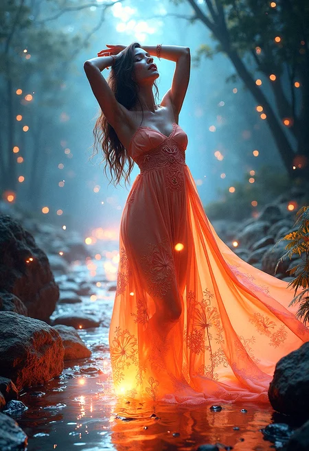 A whimsical fantasy scene featuring a slightly tanned beautiful brazillian woman in a flowing, radiant satin dress with intricate patterns. The vibrant colors and glowing fabric are enhanced by soft, magical lighting, creating an ultra-quality, dynamic composition.
Whispering Winds,
The suggestion of whispering winds, creating gentle ripples in the girl’s dress and hair.
A path of luminous stones leading through the scene, guiding the viewer’s eye.Soft, translucent curtains of light gently swaying in the breeze, framing the girl in a magical glow.Soft, flowing ribbons of light or fabric moving gently in the air, adding a dynamic, whimsical touch.A crystal-clear stream reflecting the vibrant colors and glowing lights of the scene.Soft, radiant auras around objects in the scene, enhancing the magical, otherworldly feel.
The woman stands with both arms raised above her head, slightly leaning back as if reaching for the sky, her dress flowing downward.