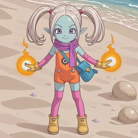source_anime,score_9,score_8_up,score_7_up,daimapanzy,toddler,orange swimsuit,solo,1girl,smile,flat chest,colored skin,blue skin,zettai ryouiki,pointy ears,purple eyes,scarf,purple scarf,pink thighhighs,long hair,twintails,bare shoulders,yellow gloves,pink elbow gloves,yellow footwear,ankle boots,looking at viewer,full body,white hair,satchel,beach,flying,firing energy ball from hands,hands together in front,<lora:Light-Detail_enhance:2>,<lora:Panzy_Dragonball_Daima:0.6>