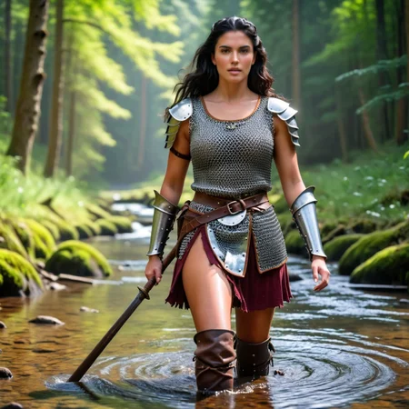 portrait of a woman darna, crossing a stream, long chainmail tunic, belt, vambraces, spear, forest, shafts of light, vibrant colours, uhd, 8k, perfect hand