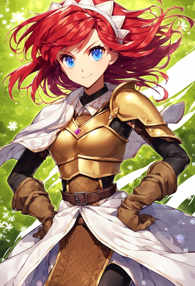 1girl, solo, red hair, red eyes, short hair, Hands on hips, headdress, serious, bodysuit, skirt, collar, breast plate, single shoulder pad, elbow gloves, black thighhighs, boots, greaves, standing, outdoors,   <lora:Cecily XL:1>, score_9, score_8_up, score_7_up, score_6_up, score_5_up, score_4_up, BREAK source_anime, masterpiece, (masterpiece:1.1), (best quality:1.1), 1girl, Real light and shadow, anime face, 4k, 8k, wallpaper,epic, detail texture, Red hair, (blue eyes:1.5), ((((Red hair:1.35, medium hair)))),intricate eyes,beautiful detailed eyes,symmetrical eyes,big eyes:1.5,detailed body,(detailed face)), cute, erotic,daring, (((medieval armor,adventurer armor,winter coat))),(((intricate outfit,intricate clothes, ushanka, embroidered outfit,ornate outfit,embroidered clothes,ornate armor))), (dynamic pose:1.0),happy,smile,(centered,scale to fit dimensions,Rule of thirds),  highres,sharp focus,(ultra detailed,extremely detailed),(((vibrant colors,vibrant theme))),(intricate),(masterpiece),(best quality),ng_deepnegative_v1_75t, easynegative, OverallDetail