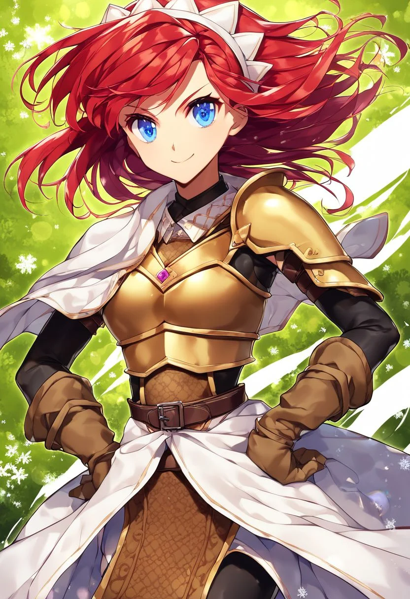 1girl, solo, red hair, red eyes, short hair, Hands on hips, headdress, serious, bodysuit, skirt, collar, breast plate, single shoulder pad, elbow gloves, black thighhighs, boots, greaves, standing, outdoors, <lora:Cecily XL:1>, score_9, score_8_up, score_7_up, score_6_up, score_5_up, score_4_up, BREAK source_anime, masterpiece, (masterpiece:1.1), (best quality:1.1), 1girl, Real light and shadow, anime face, 4k, 8k, wallpaper,epic, detail texture, Red hair, (blue eyes:1.5), ((((Red hair:1.35, medium hair)))),intricate eyes,beautiful detailed eyes,symmetrical eyes,big eyes:1.5,detailed body,(detailed face)), cute, erotic,daring, (((medieval armor,adventurer armor,winter coat))),(((intricate outfit,intricate clothes, ushanka, embroidered outfit,ornate outfit,embroidered clothes,ornate armor))), (dynamic pose:1.0),happy,smile,(centered,scale to fit dimensions,Rule of thirds), highres,sharp focus,(ultra detailed,extremely detailed),(((vibrant colors,vibrant theme))),(intricate),(masterpiece),(best quality),ng_deepnegative_v1_75t, easynegative, OverallDetail