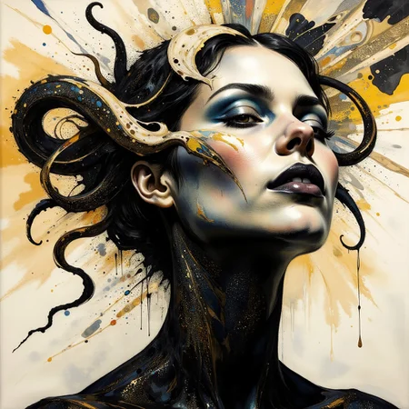 Surrealism themed artwork depicting black-toned American a medusa face, contorted, futuristic, intricate white and yellow filigree, damaged, billowing dark dust, very detailed. The overall feel of the image is of clarity and balanced space, with distorted people and items interacting in unusual ways. Additionally the image incorporates elements of mixed media including flowing lines drawn with fine pens and appliqued goldleaf. The general effect is of elaborate surreal and absurdist elements interacting with each other to produce timeless fine art elegance. <lora:Paper_Marbling_Flux:0.5> <lora:Eldritch_Watercolor_for_Flux:0.5> <lora:midjourney_whisper_chromaplex_v1:0.4> <lora:Eldritch_Paint_Sketch_for_Flux_1.0.5:0.4> <lora:FLUX.1-DEV_-_Decadence_style_LoRA:0.5>