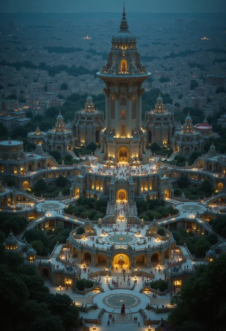 detailed city, a magnificent sci-fi metropolis at night, sprawling around a religious tower