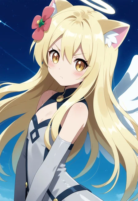 safe_pos, 1 girl, flat chested, no bust, score 9, score 8 high, cute, kawaii, blushing, blonde hair (pink ombre), long hair, bright golden eyes, aesthetic, uwu, shy, pastel colors, hair flower, cat ears, dynamic angle, , side view,
Angel wings, sci-fi battle suit, holding sci-fi sword in hand, bright light emanating from her, surroundings bathed in light, serious facial expression, dynamic pose